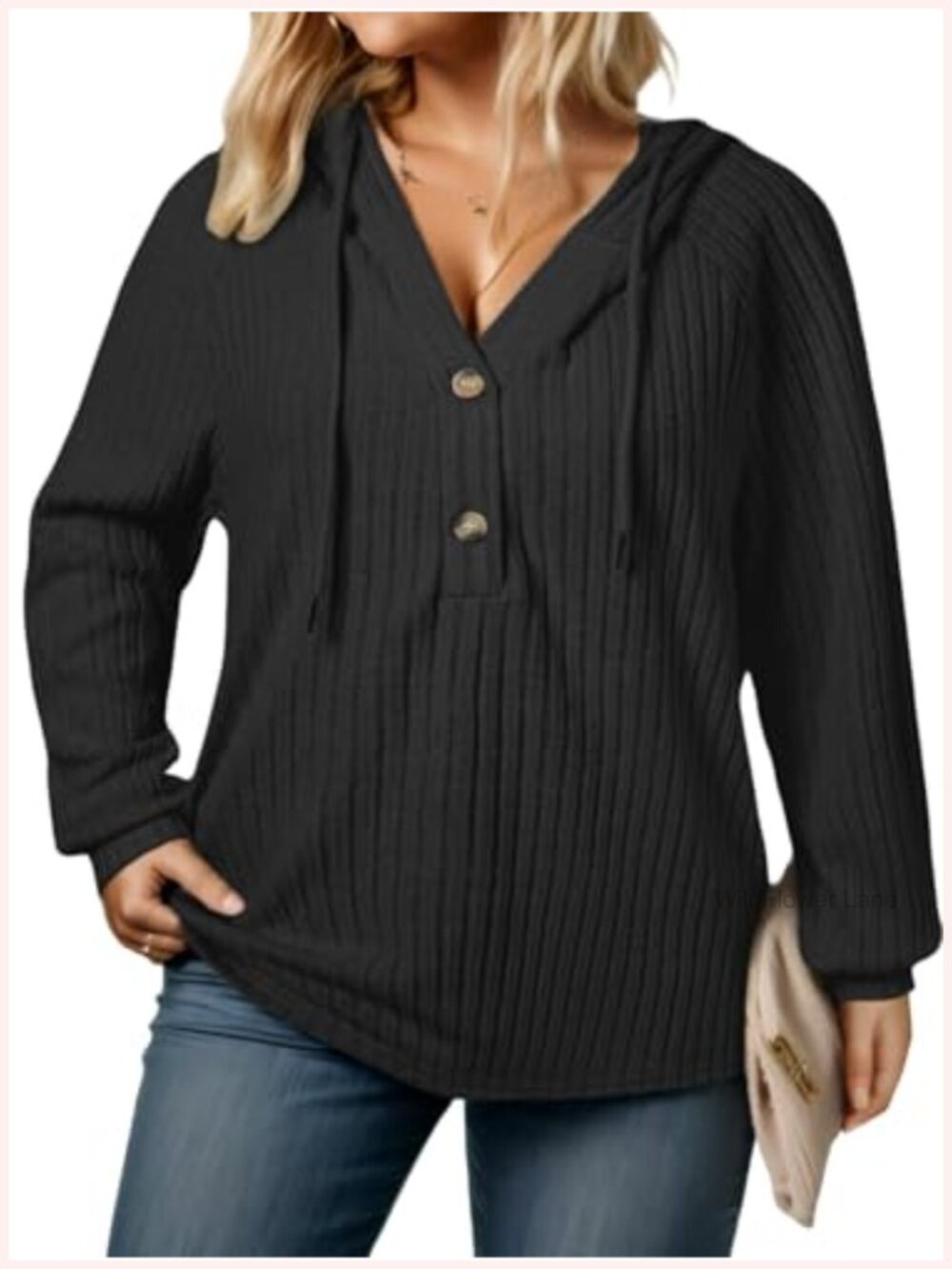 Womens Plus Size Hoodie Button V Neck Lightweight Knit Sweater Drawstring